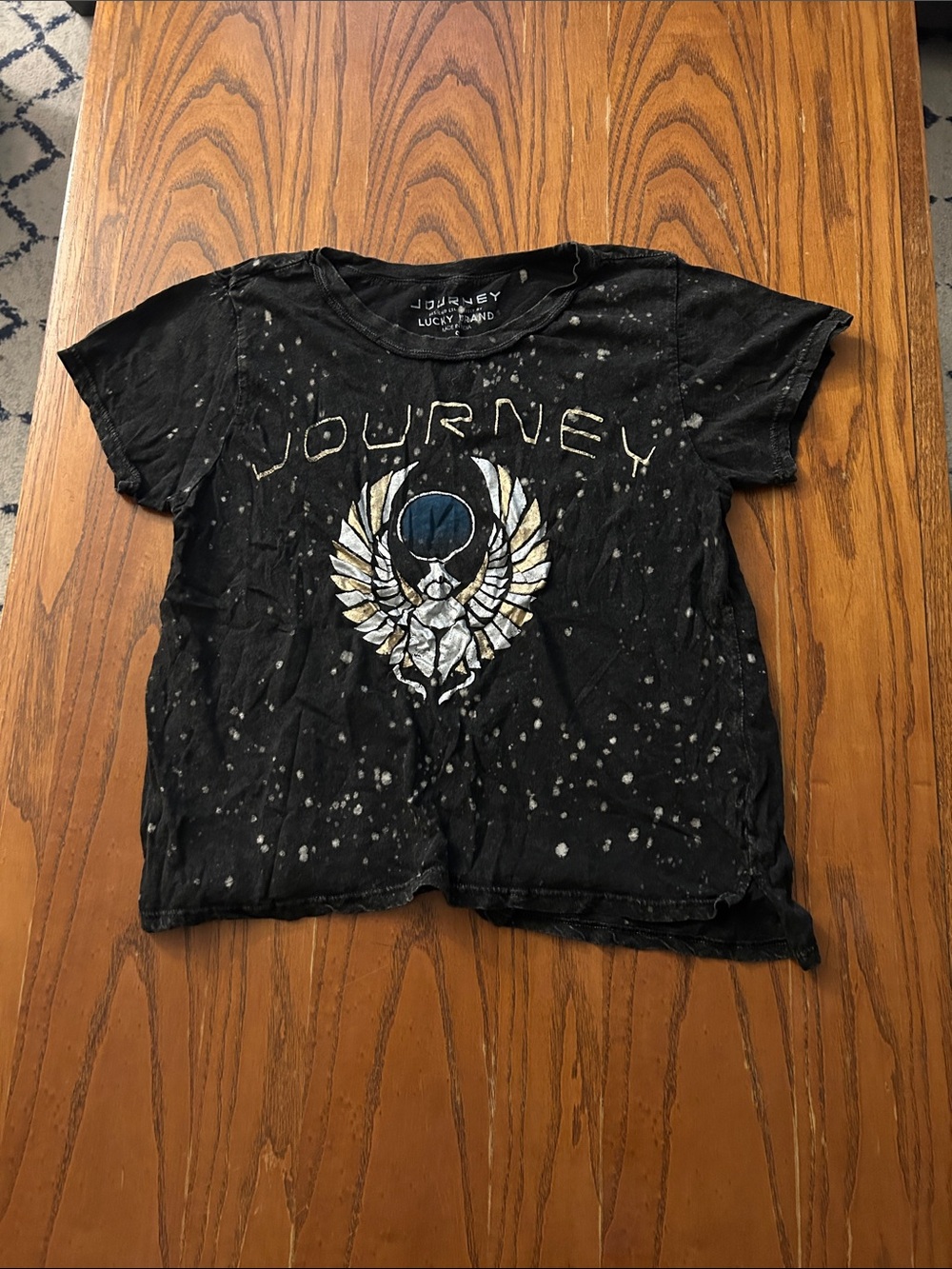 Lucky Brand Black Women’s Journey Graphic Tee with Distressed Spot Design